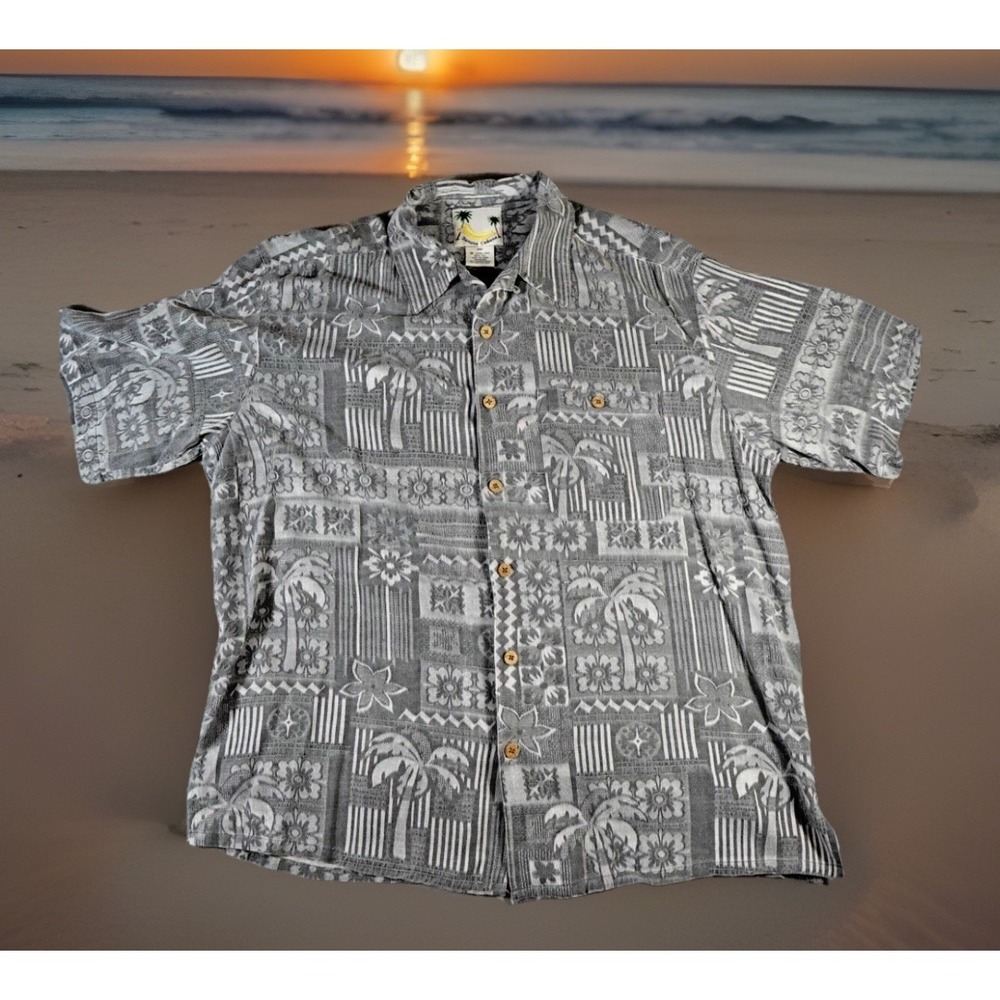 BANANA CABANA Mens XL Gray 100% Silk Hawaiian All Over Print Short Sleeve Shirt